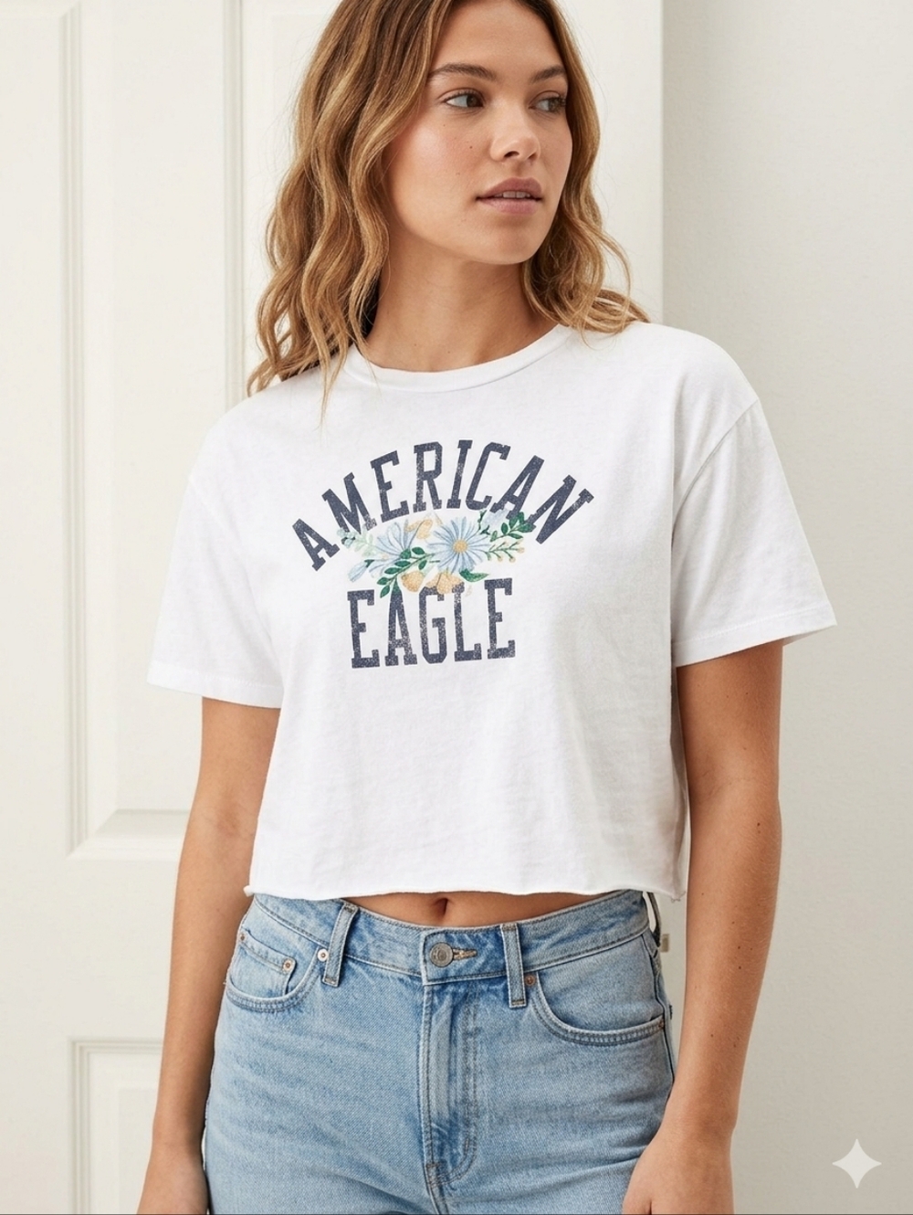 American Eagle White Tee with Gray Logo Print